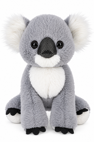 A plush koala toy with gray fur, white ears and chest patch, black eyes, and black paws, photographed against a plain white background.