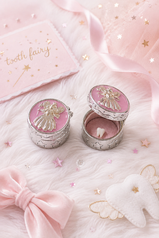Two silver tooth fairy keepsake boxes with pink lids and angel designs, displayed on a white faux fur surface with pink ribbons, stars, and a tooth-shaped ornament.