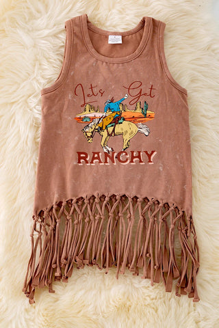 Washed Brown Tank Top with Fringe