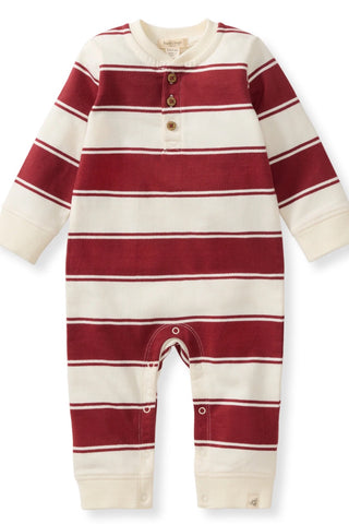 Red and white striped baby onesie on a white background