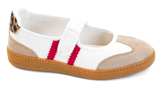 White sneaker with red stripes and brown sole on a white background