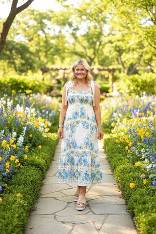 Woman in a floral dress standing on a stone path in a garden with flowers and trees.