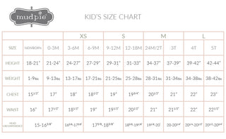 Mudpie kids' size chart for newborn to 5T clothing sizes.