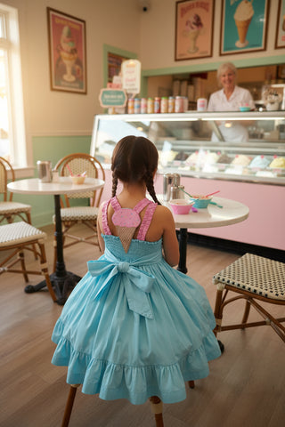 Young girl in a blue dress sitting in an ice cream shop.