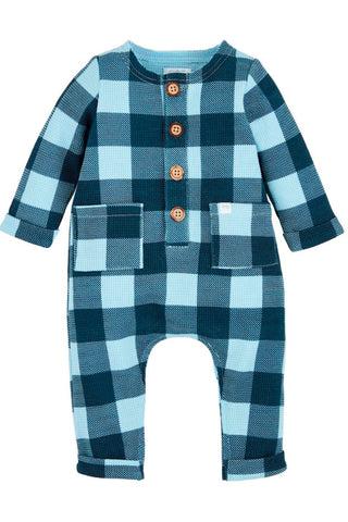 infant boy's blue plaid romper on white back ground