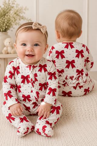 Infants: Angel Dear Festive Bows Ruffle Back Zipper Footie