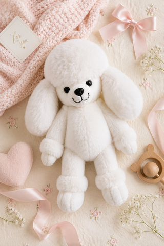 A white plush puppy toy with long floppy ears and a stitched black face, arranged on a soft cream fabric with pink ribbons, a pink knit blanket, a small wooden pacifier, and baby flowers.