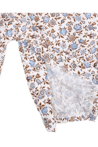 White baby bloomers with a brown and blue floral pattern, featuring a ruffled elastic waistband and leg openings.