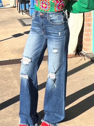 Risen High Waist Wide Leg Distressed Jeans