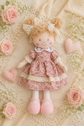 A vintage-style handmade doll with curly blonde hair, wearing a pink and white floral dress with lace trim, pink shoes, and white polka-dot socks, styled on a cream lace fabric with pink roses and hearts.