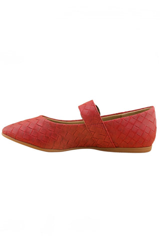 A single red woven leather Mary Jane shoe with a brown strap and buckle, shown from a side-facing angle on a white background.