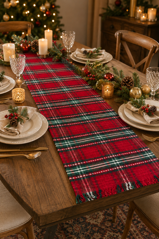 A red Christmas table runner with a green and white plaid pattern, styled on a wooden dining table with plates, candles, and holiday decorations.