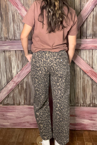 Person wearing a pink shirt and leopard print pants standing against a wooden door.