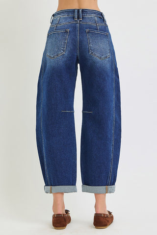 rear view of a person wearing barrel jeans