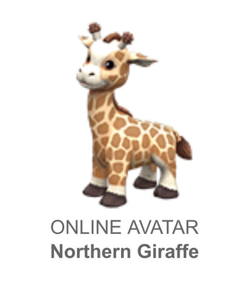 A cartoon-style Northern Giraffe online avatar shown on a white background with the text 'ONLINE AVATAR Northern Giraffe' underneath.