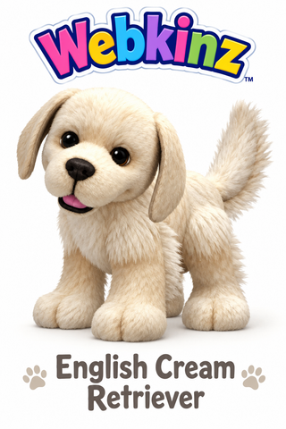 A plush toy puppy dog with cream-colored fur, large dark eyes, and a pink tongue, shown on a white background with the Webkinz logo at the top and the text 'English Cream Retriever' at the bottom.