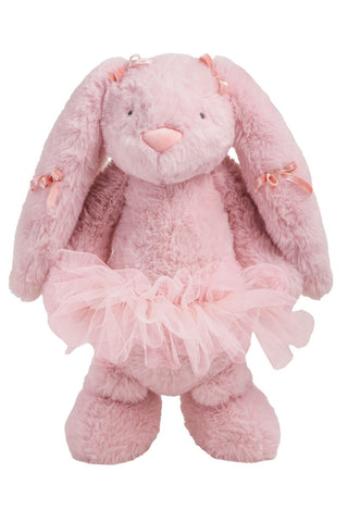 Pink plush bunny with a tutu on a white background