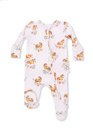 Infant: Angel Dear 2 Way Ruffle Back Zipper Footie Pink Ponies