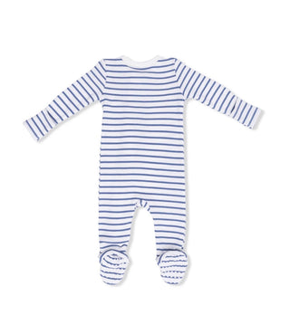 Blue and white striped baby onesie on a white background