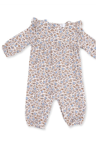 A baby long-sleeve footless romper with a delicate floral print in light blue and brown on a white background, featuring ruffled shoulder details and elastic cuffed ankles.
