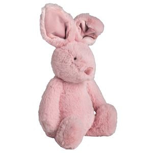 Pink plush rabbit toy on a white background