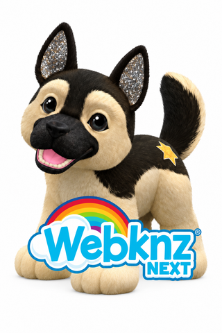 A 3D-rendered plush puppy toy with a black-and-tan coat, glittery ears, a yellow star on its back, and a rainbow logo with the text 'Webknz NEXT' at the bottom, shown on a plain white background.