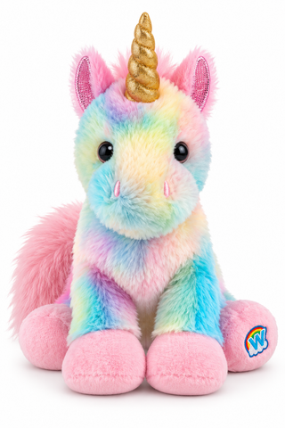 A plush unicorn toy with pastel rainbow fur, pink hooves and ears, and a shiny gold horn, photographed on a clean white background.