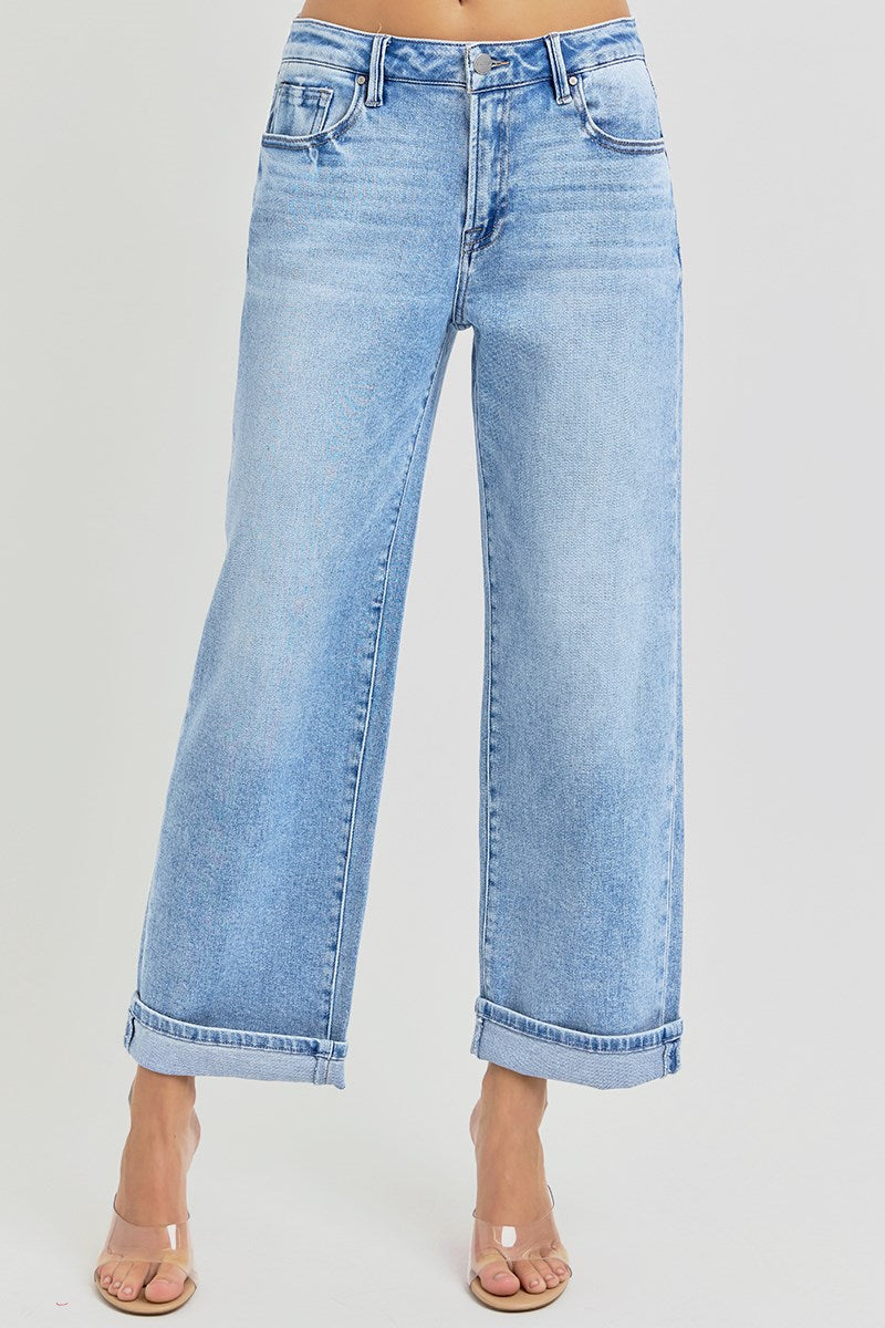 Risen High Rise Ankle Barrel Turn Up Cuffed Jeans