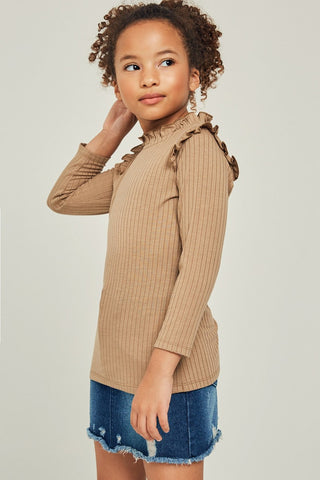 Hayden Girls Chestnut Ribbed Ruffle Mock Neck Top