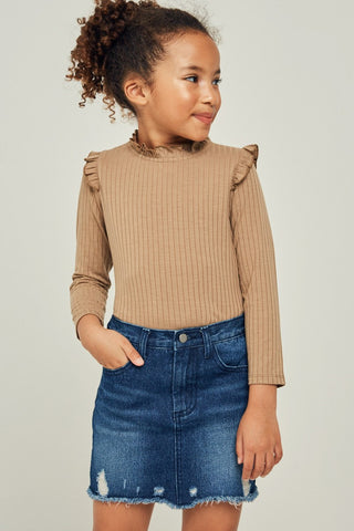 Hayden Girls Chestnut Ribbed Ruffle Mock Neck Top