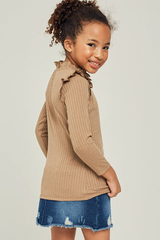 Hayden Girls Chestnut Ribbed Ruffle Mock Neck Top