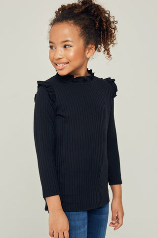 Hayden Girls Black Ribbed Ruffle Mock Neck Top