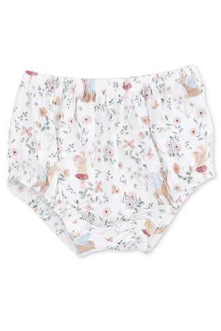 White diaper cover with a whimsical woodland print featuring fairies, mushrooms, flowers, and small animals in soft pastel colors.