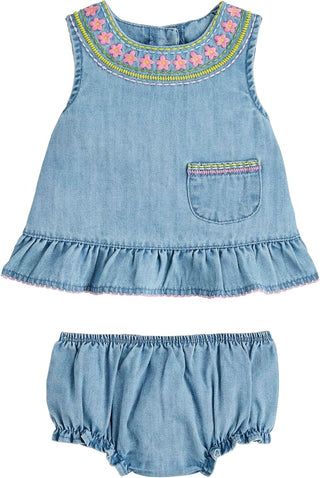 Infants: Mud Pie Denim Rainbow Floral Pinafore Set