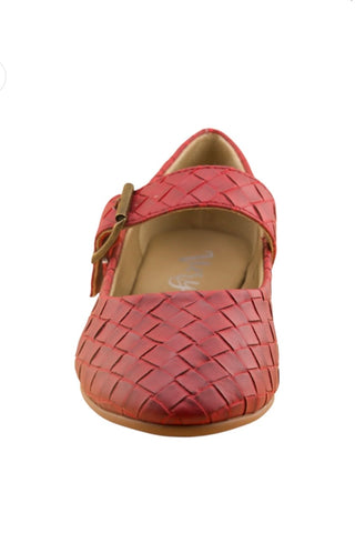 A single red woven leather Mary Jane shoe with a brown strap and buckle, shown from a front-facing angle on a white background.