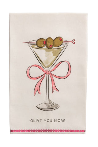 Card with a martini glass illustration and olives, featuring the text 'Olive You More' on a beige background.