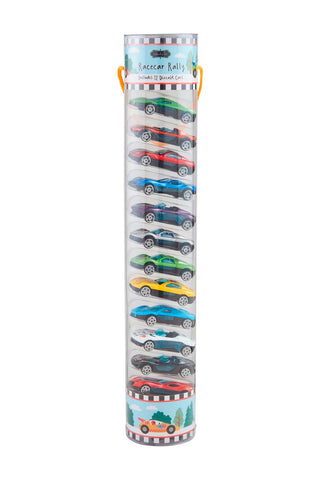 tube of 12 diecast toy cars.