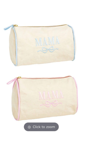 Two cream-colored pouches with 'MAMA' embroidery on a white background