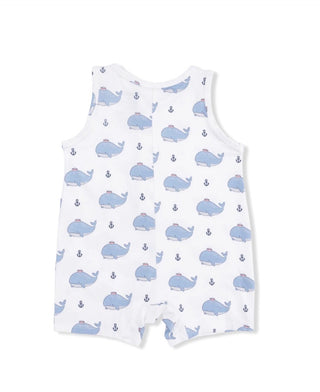 White romper with blue whale pattern on a white background