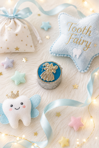 A styled flat-lay of a tooth fairy gift set on a white faux fur background with fairy lights. The set includes a small white plush tooth with blue wings and a gold crown, a round tin with a blue lid and gold fairy illustration, a light blue star-shaped pillow embroidered with 'Tooth Fairy' in gold, a cream drawstring pouch with gold stars, and pastel star decorations.
