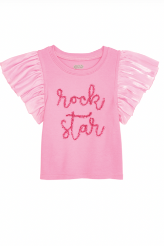 Pink t-shirt with 'rock star' text on a white background