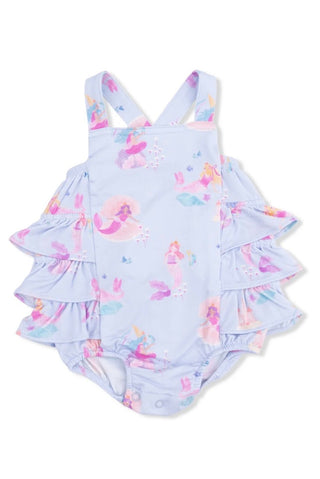 Children's swimsuit with ruffled design and mermaid pattern on a white background