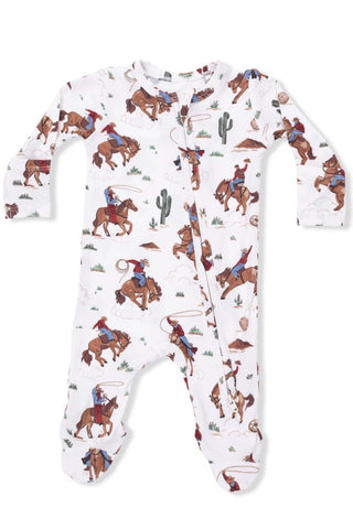 Baby onesie with cowboy and horse pattern on a white background