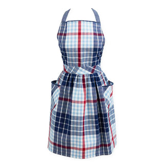 Plaid apron with red, blue, and white pattern on a white background