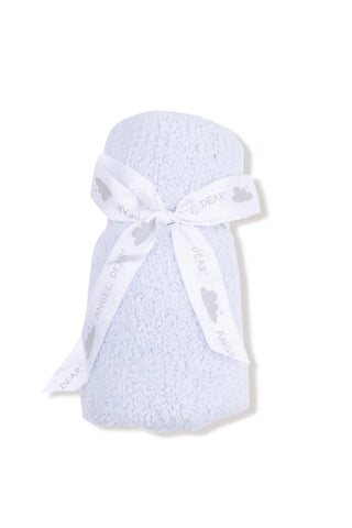 A light blue plush baby wrap or blanket, tied with a white satin ribbon printed with the words 'Angel Dear' and small gray paw prints, set against a plain white background.
