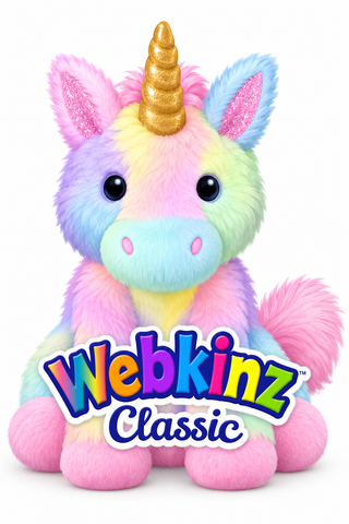 A plush unicorn toy with pastel rainbow fur, a glittery gold horn, and pink inner ears, shown against a white background with the Webkinz Classic logo overlaid at the bottom.