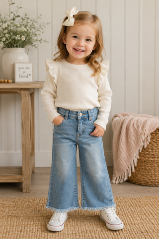 A young girl stands indoors wearing a cream ribbed long-sleeve top with ruffled shoulders and light blue wide-leg denim jeans with a raw hem. She is also wearing white sneakers and a cream bow in her hair.