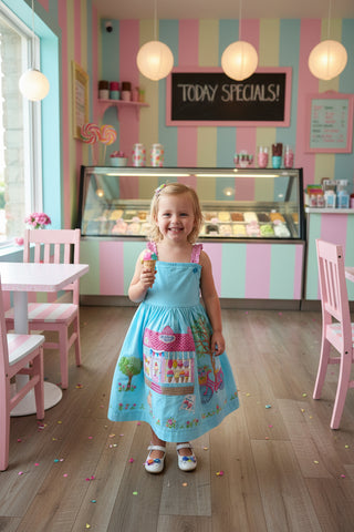 Child in a colorful dress standing in a pastel-themed ice cream shop.