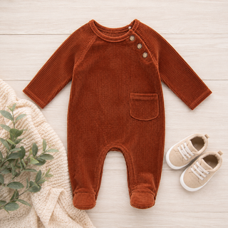Brown baby romper with buttons on a light wooden surface, next to beige shoes and a textured blanket.