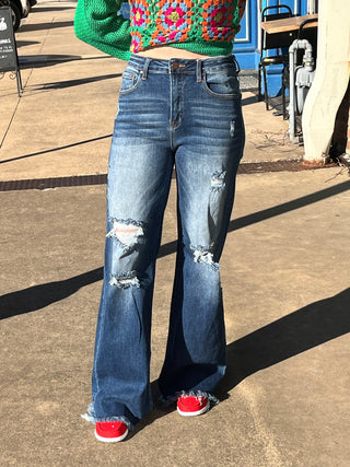 Risen High Waist Wide Leg Distressed Jeans